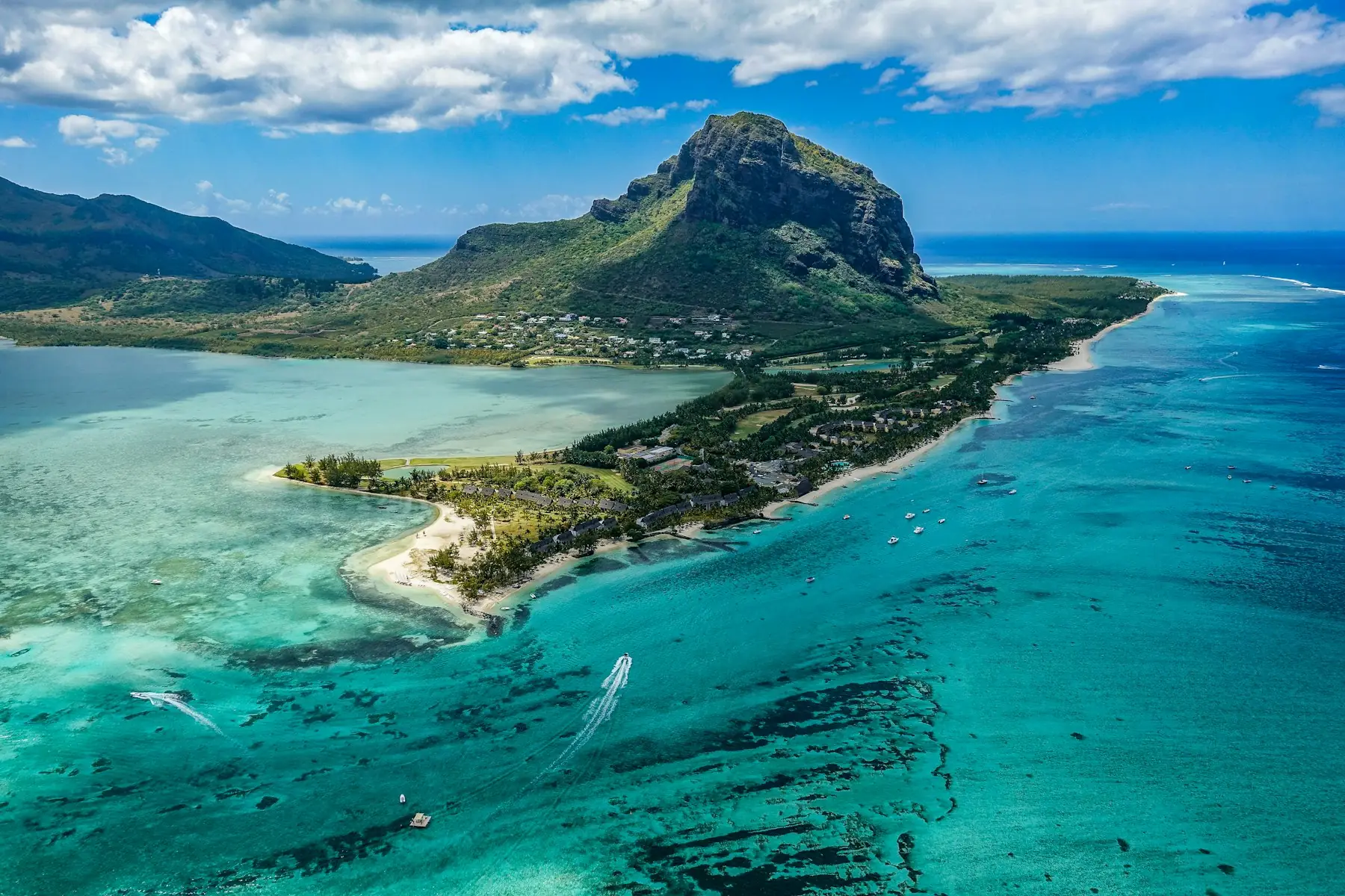 Aerial view of Le Morne Brabant and its lagoon, Mauritius